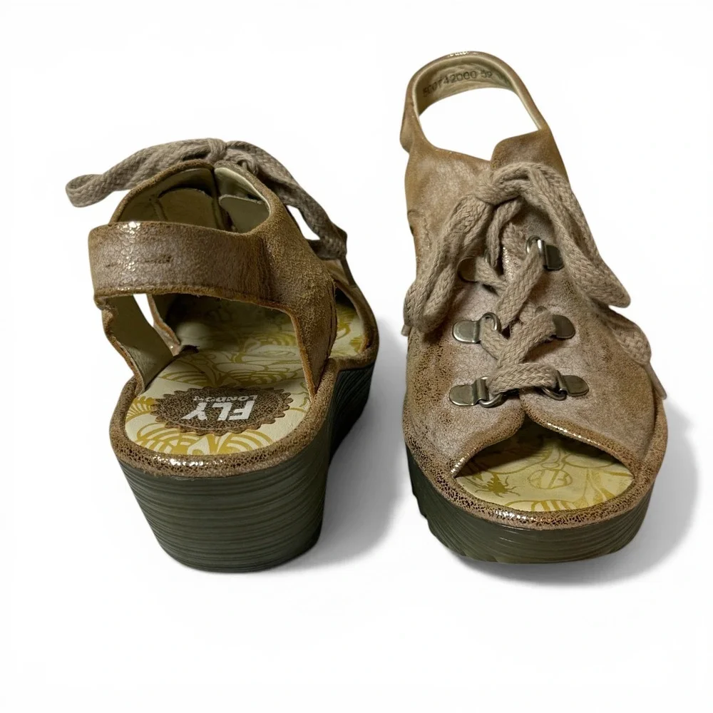 FLY LONDON Ylva Metallic Distressed‎ Leather Wedge Sandals Lace Up EU 40 Size 9